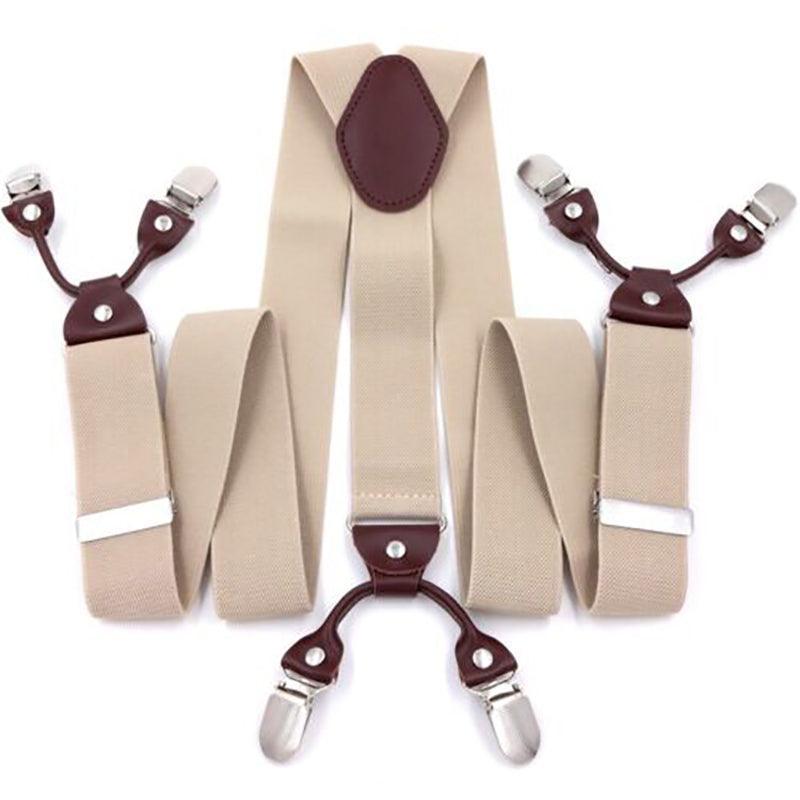 Adjustable 35mm Wide Suspenders for Men with 6 Clips Elastic Leather Braces - Red
