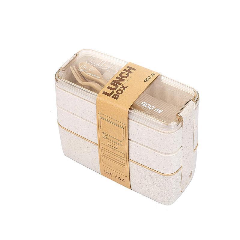 Lunch Box 3-Layer Bento Food Container 900ml with Spoon Fork Portable Student Use - Beige