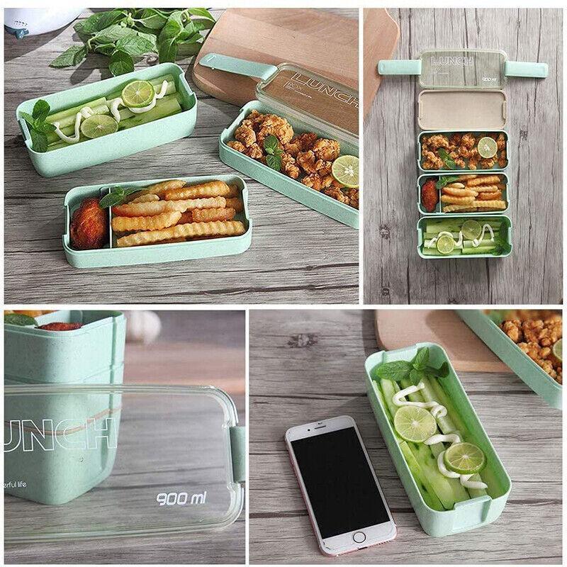 Lunch Box 3-Layer Bento Food Container 900ml with Spoon Fork Portable Student Use - Green