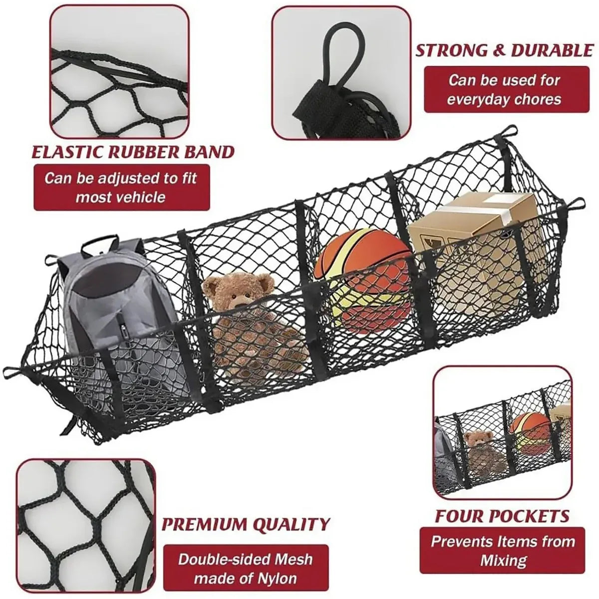 Trunk Cargo Net Bag Stereo Boot Storage Organiser SUV Pickup 4 Compartment 150cm