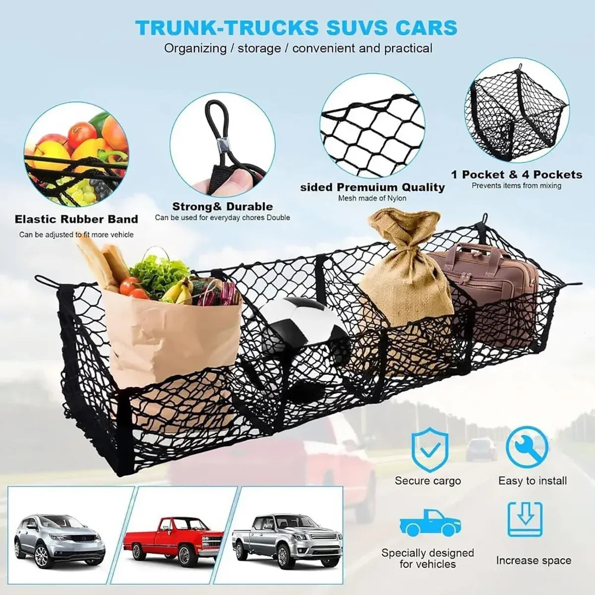 Trunk Cargo Net Bag Stereo Boot Storage Organiser SUV Pickup 4 Compartment 150cm
