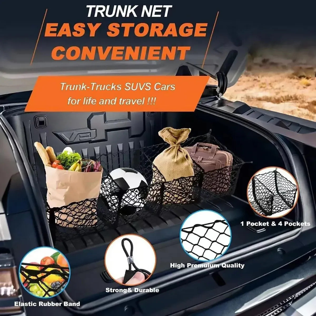 Trunk Cargo Net Bag Stereo Boot Storage Organiser SUV Pickup 4 Compartment 150cm