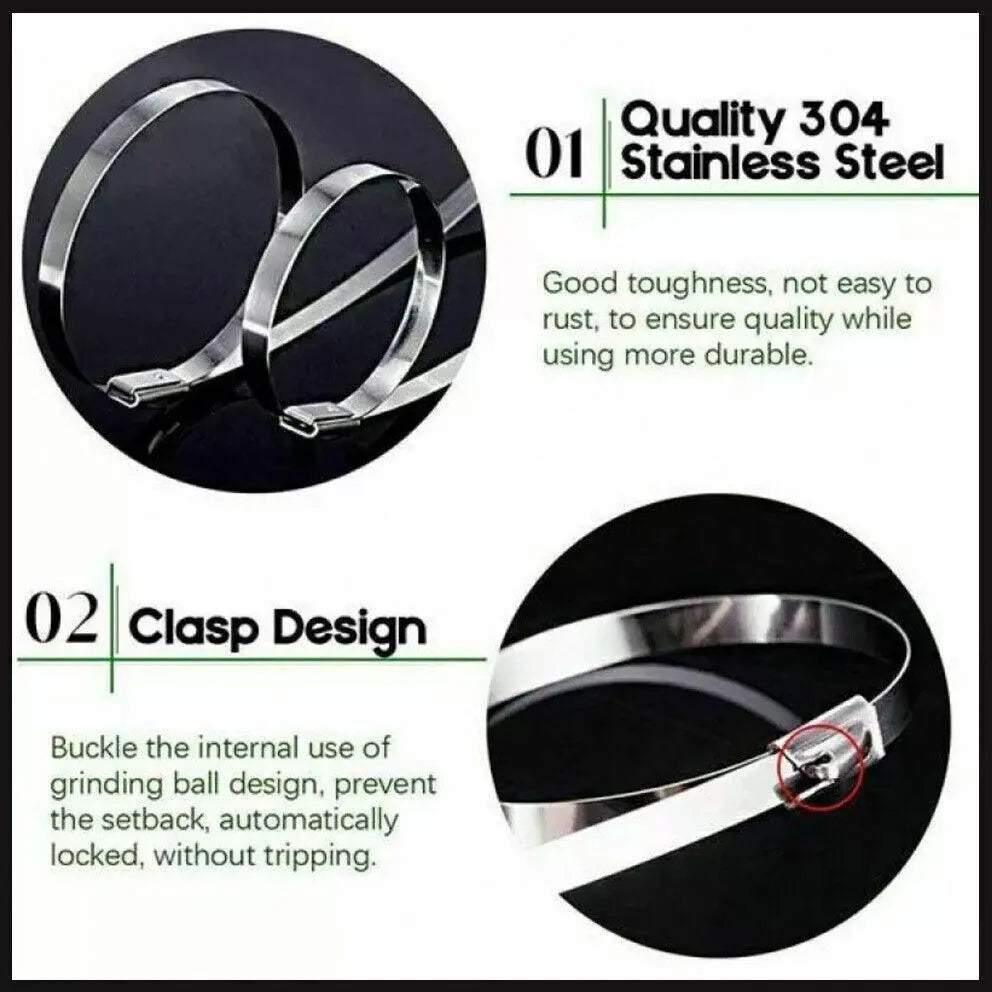 100x Stainless Steel Cable Ties SS304 Marine Grade Zip Strap Locking Wrap 100-800mm - 4.6*350mm