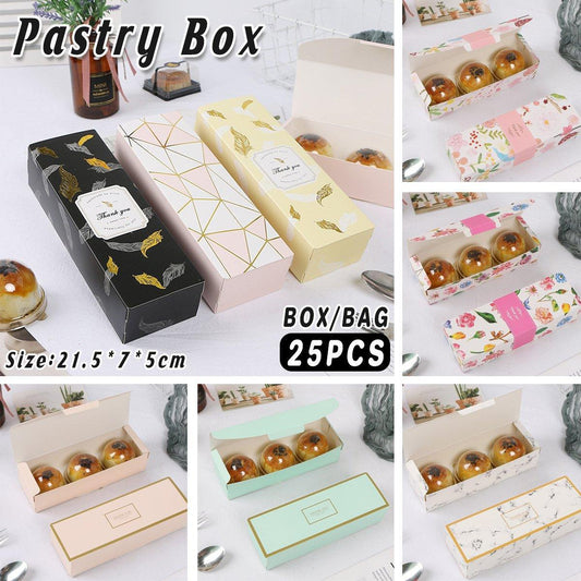 25pcs Long Strip Clamshell Packaging Box 3-Compartment Dessert Storage Box - Blue