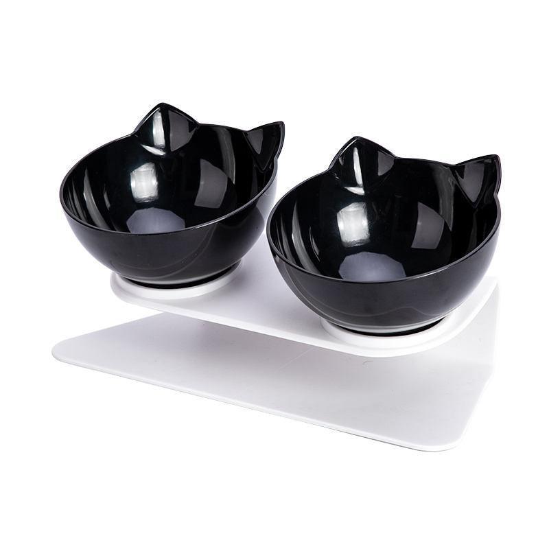 Double Cat Dog Bowl Elevated Pet Feeder Stand Raised Food Water Feeding Dish - Black+Transparency