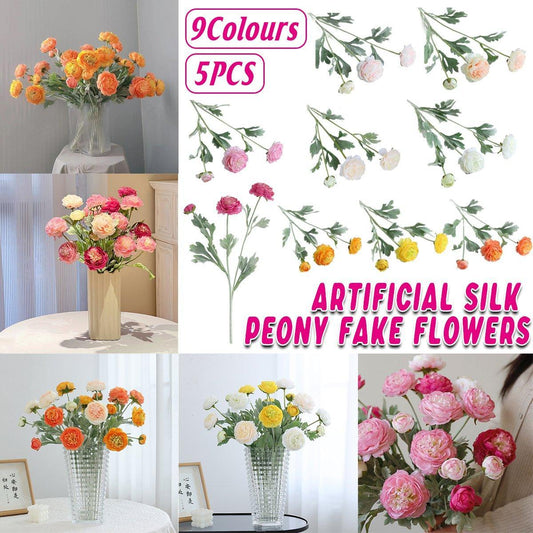 5pcs Artificial Peony Silk Flowers Bouquet Decor Faux Floral Arrangements - Purple Red