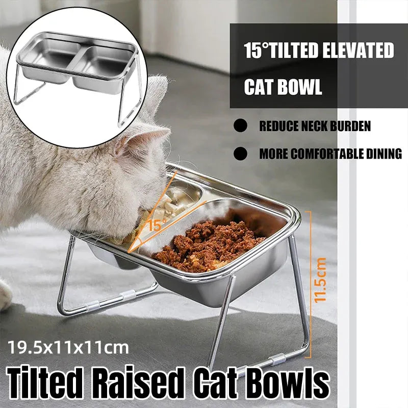 Cat Food Bowl Set Double Tilted Stainless Steel Pet Feeding Bowl Non Slip Stand