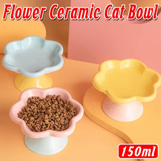 Flower Ceramic Cat Bowl Pet Food Bowl Snack Tray for Cats and Small Pets Feeding - Blue