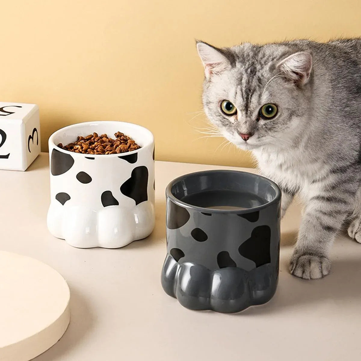 Ceramic Cat Food Bowl Cute Drinking Bowl for Pets Non Slip Food Water Dish Bowl - White