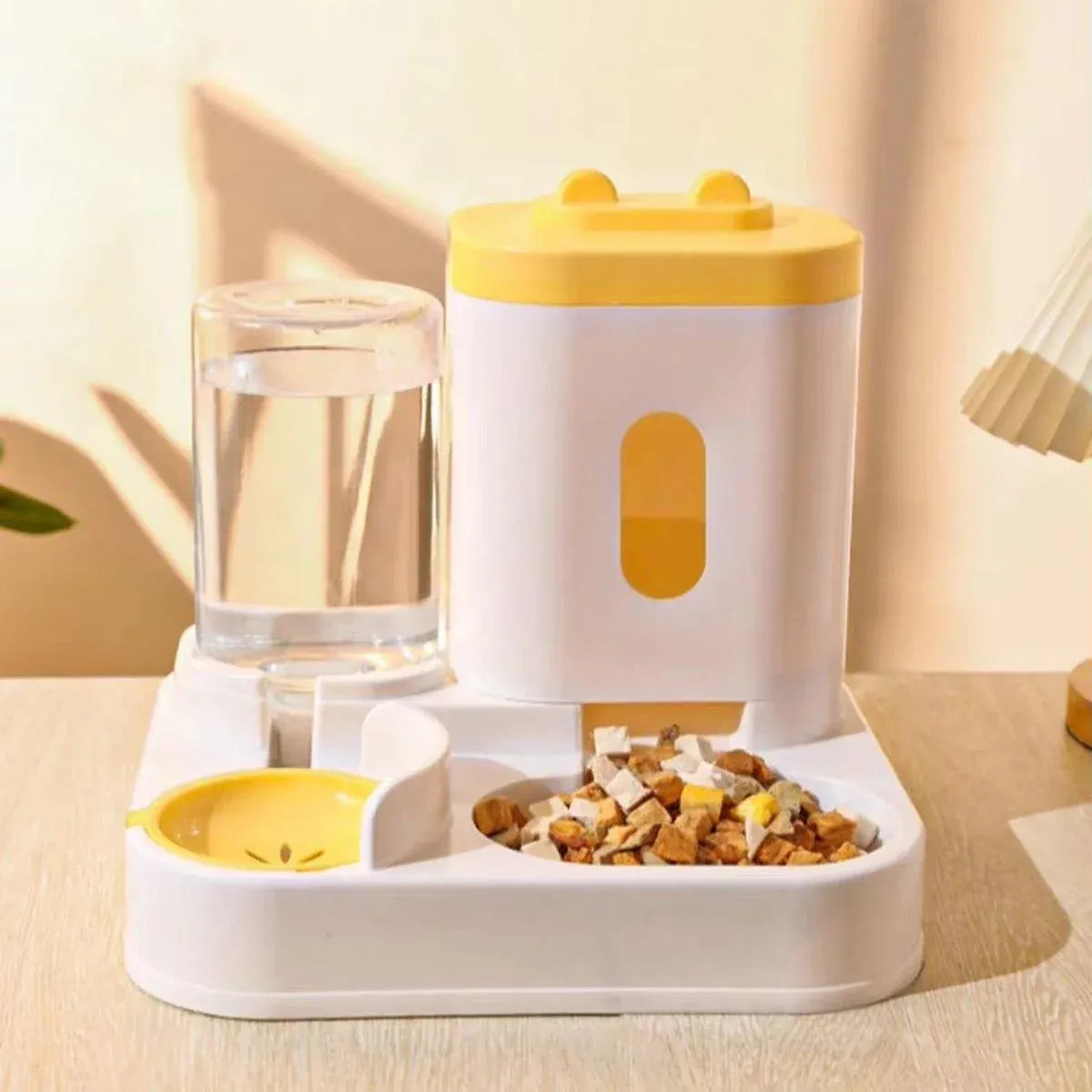 2in1 Pet Bowl Vertical Feeder and Drinker Cat Dog Bowl Water and Food in One - Yellow