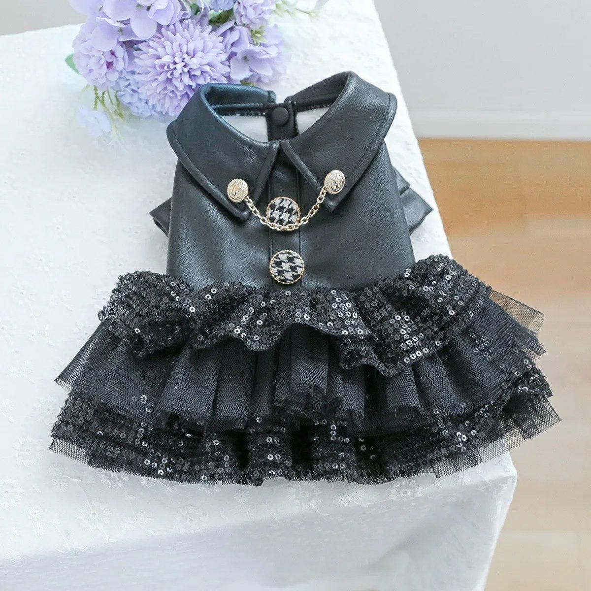 Autumn Winter Pet Dog Cat Dress Faux Leather Sequin Skirt Outfit for Small Dogs - XL