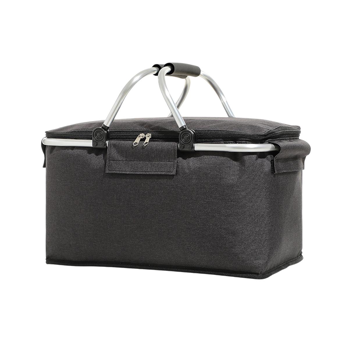 Folding Picnic Basket Insulated Cooler Bag Portable Outdoor Grocery Storage - Black