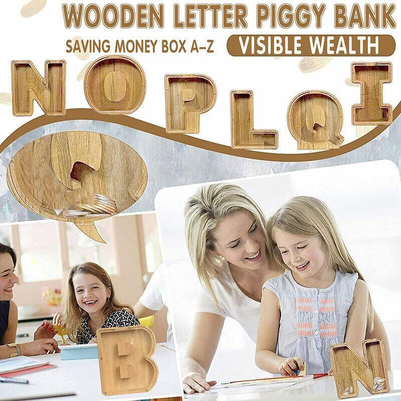 Wooden Piggy Bank Funny Letter or Guitar Coin Saving Money Box A–Z Gift Idea - N