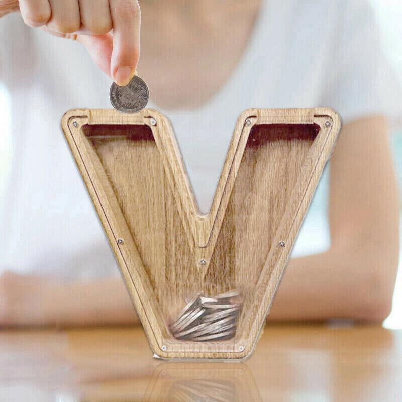 Wooden Piggy Bank Funny Letter or Guitar Coin Saving Money Box A–Z Gift Idea - V