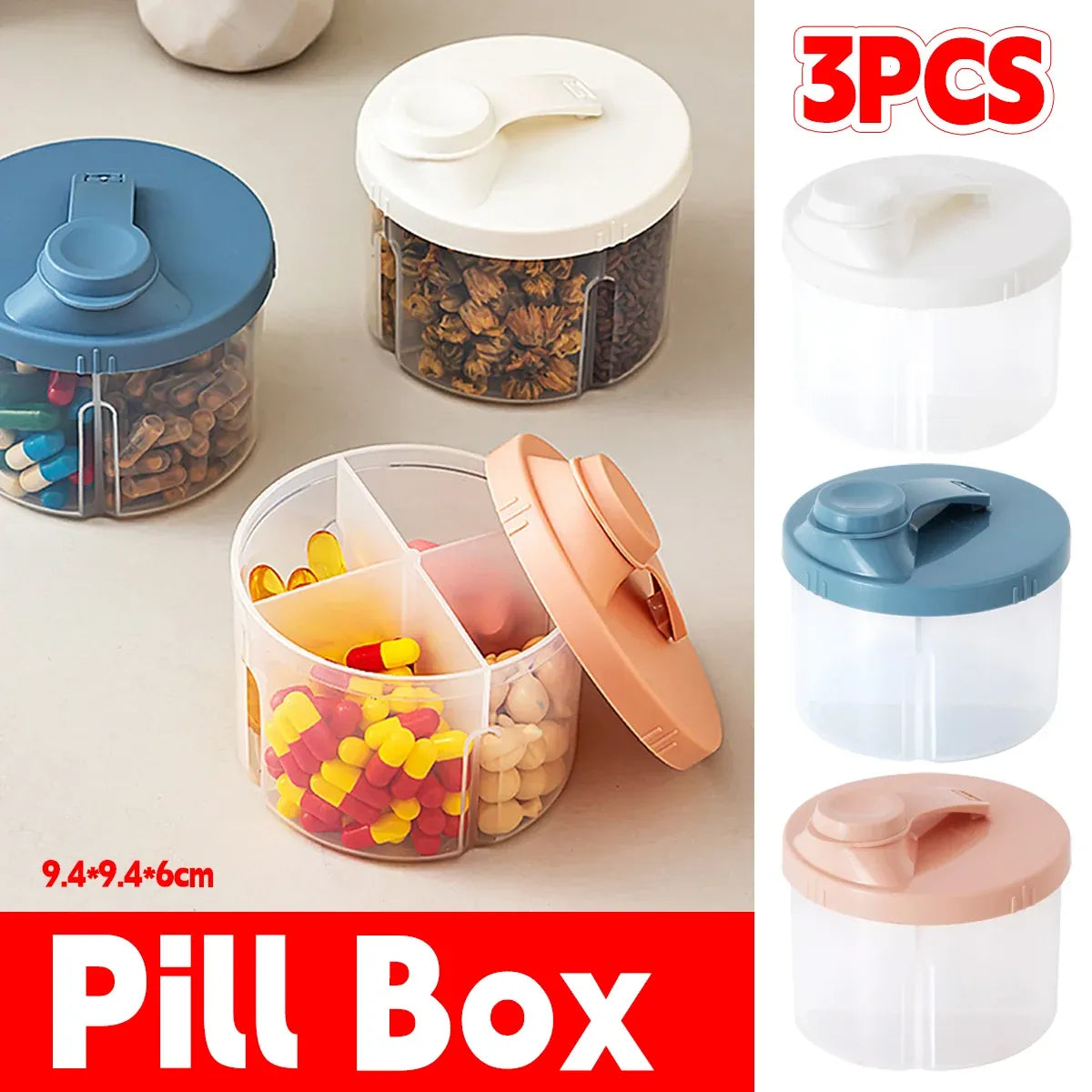 3Pcs Portable Pill Organizer Weekly Medicine Compartment Box Travel Daily Use - Blue