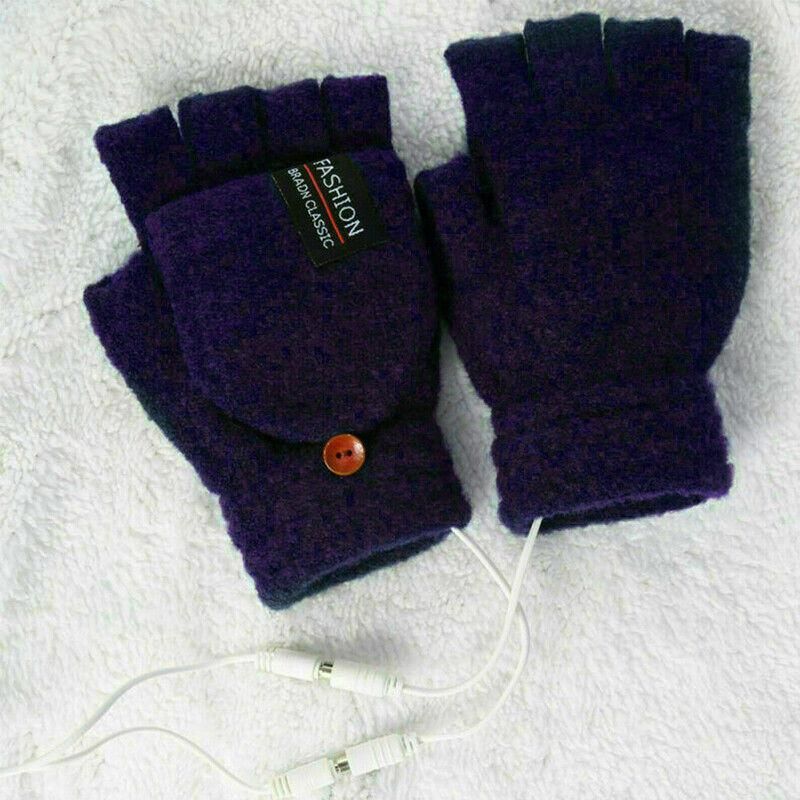 USB Heated Half Finger Gloves Winter Warm Knitted Gloves for Typing and Office Use - Blue