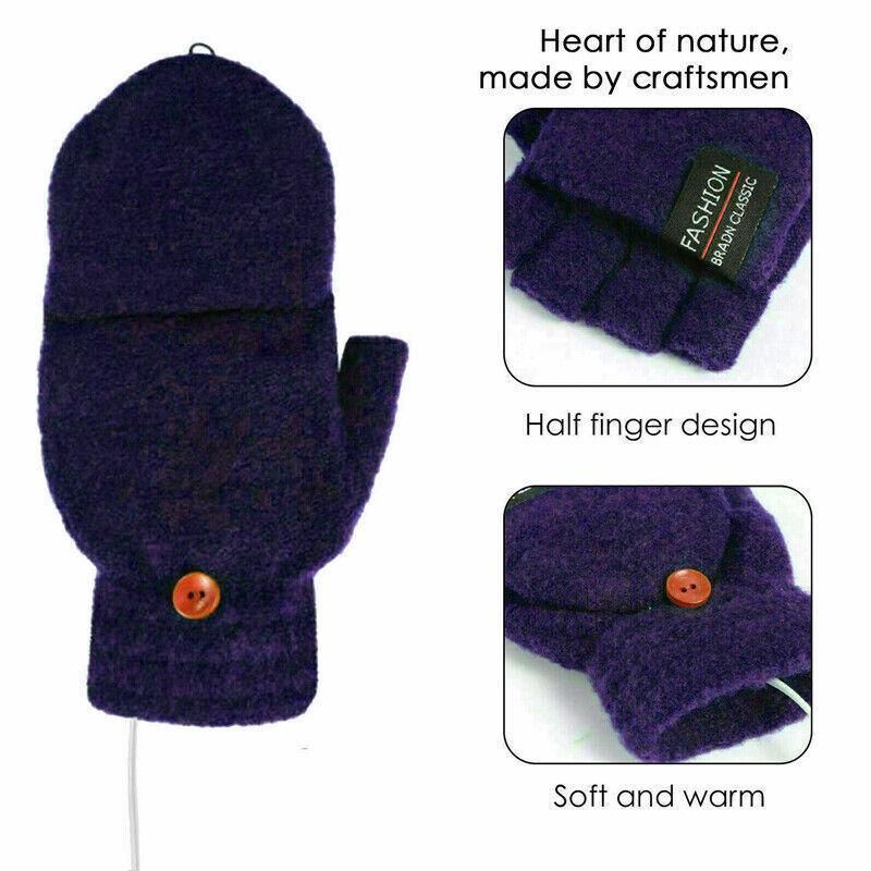 USB Heated Half Finger Gloves Winter Warm Knitted Gloves for Typing and Office Use - Blue