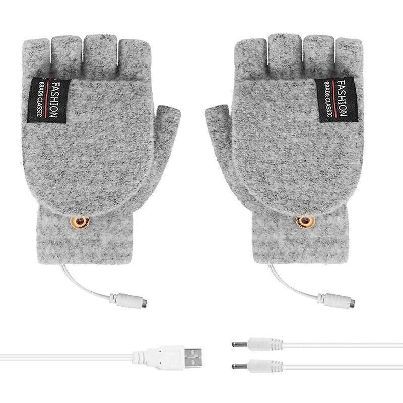 USB Heated Half Finger Gloves Winter Warm Knitted Gloves for Typing and Office Use - Grey