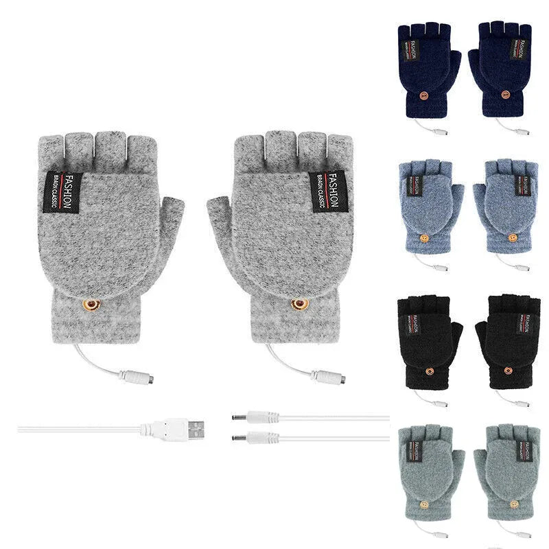 USB Heated Half Finger Gloves Winter Warm Knitted Gloves for Typing and Office Use - Grey