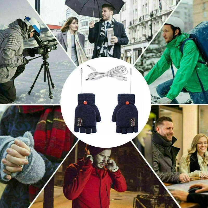 USB Heated Half Finger Gloves Winter Warm Knitted Gloves for Typing and Office Use - Grey