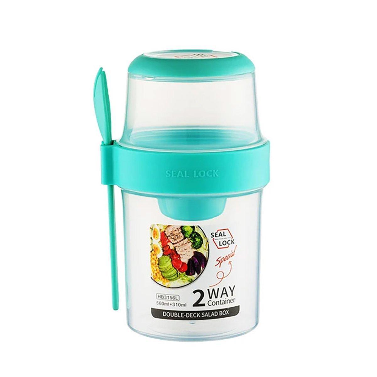 Double Plastic Salad Cup with Fork Sealed Breakfast Container for On-the-Go Meal - 760ml-Green