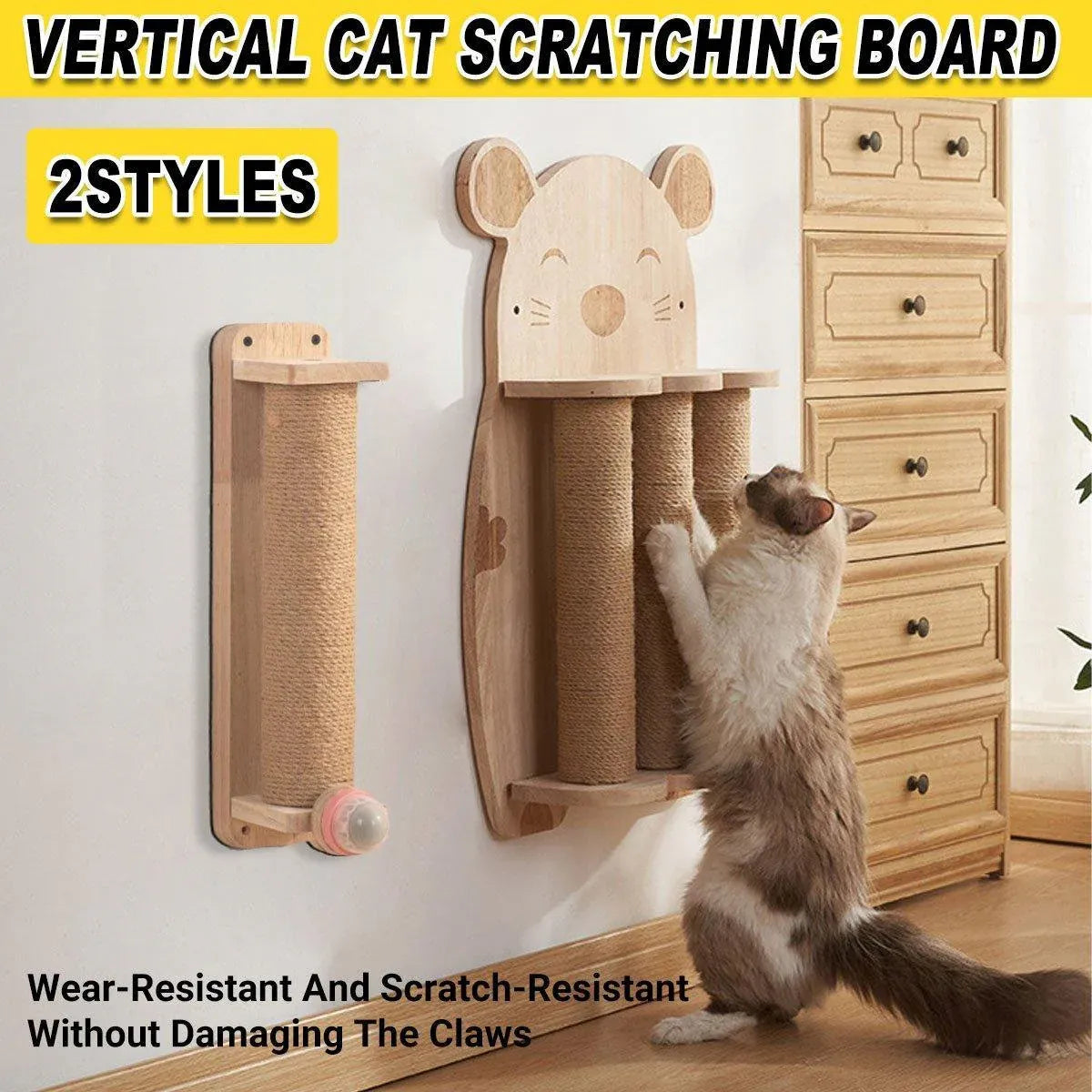 2Style Wood Wall-Mounted Natural Sisal Rope Cat Scratching Claw Grinding Pet Toy - Single Column Pink