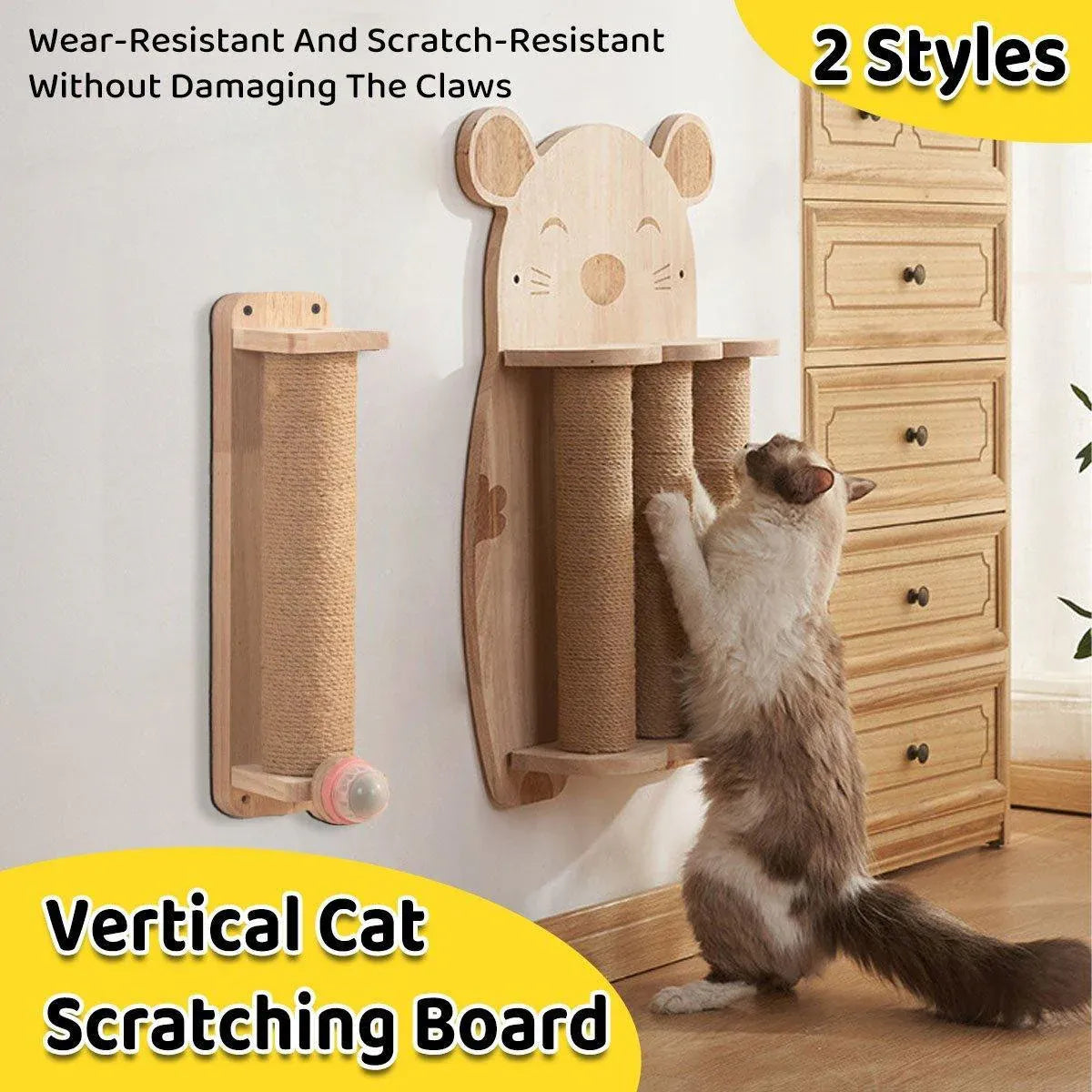 2Style Wood Wall-Mounted Natural Sisal Rope Cat Scratching Claw Grinding Pet Toy - Mouse-Solid Wood