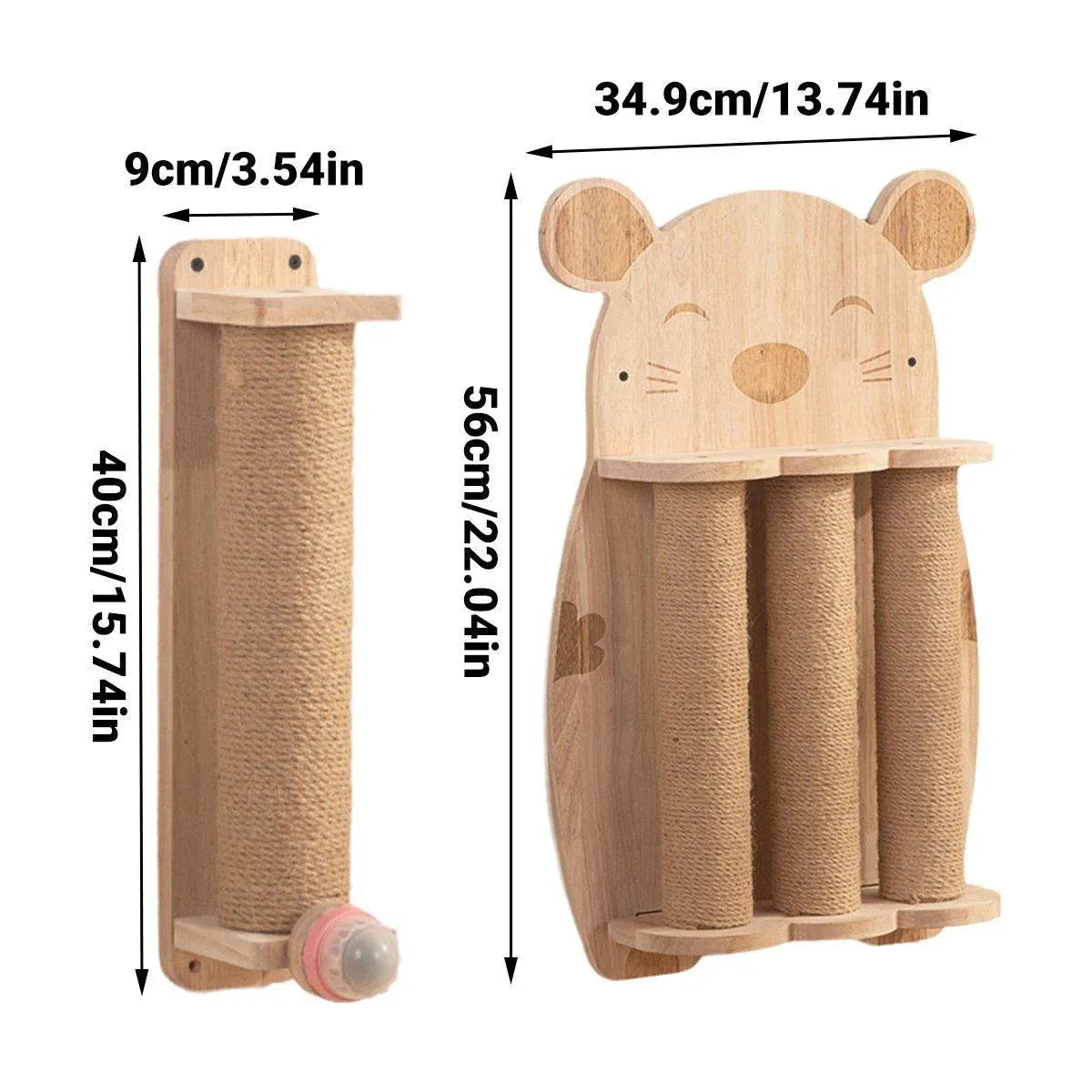 2Style Wood Wall-Mounted Natural Sisal Rope Cat Scratching Claw Grinding Pet Toy - Mouse-Solid Wood