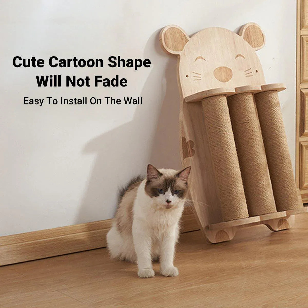 2Style Wood Wall-Mounted Natural Sisal Rope Cat Scratching Claw Grinding Pet Toy - Mouse-Solid Wood