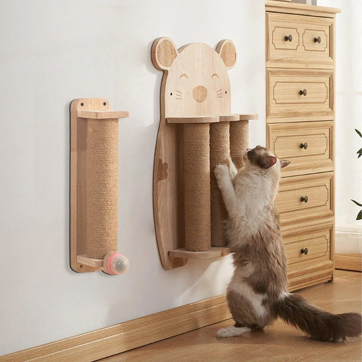 2Style Wood Wall-Mounted Natural Sisal Rope Cat Scratching Claw Grinding Pet Toy - Mouse-Solid Wood
