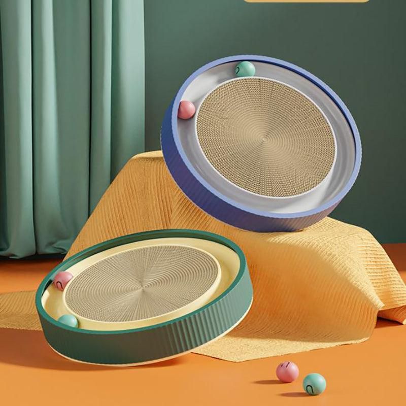 Cat Scratcher Lounge Bed Toy 40cm Round Foldable Cardboard Pad with Ball Track - Green