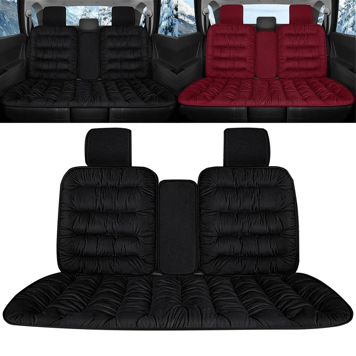 Winter Thick Warm Plush Seat Cover with Backrest Universal Fit for Rear Row - Red