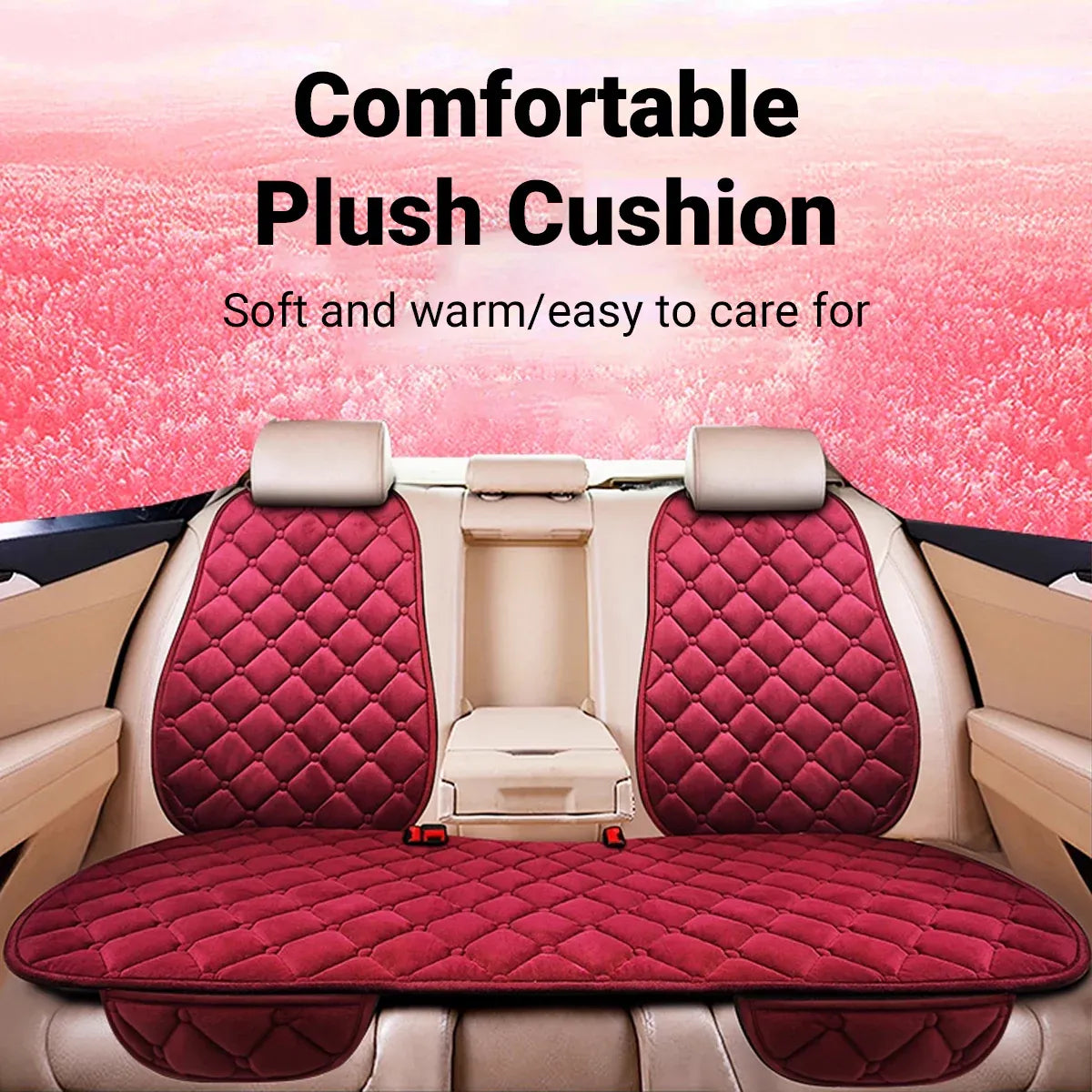 Universal Plush Seat Cushion Set Winter Warm with Backrest for Rear Row - Red