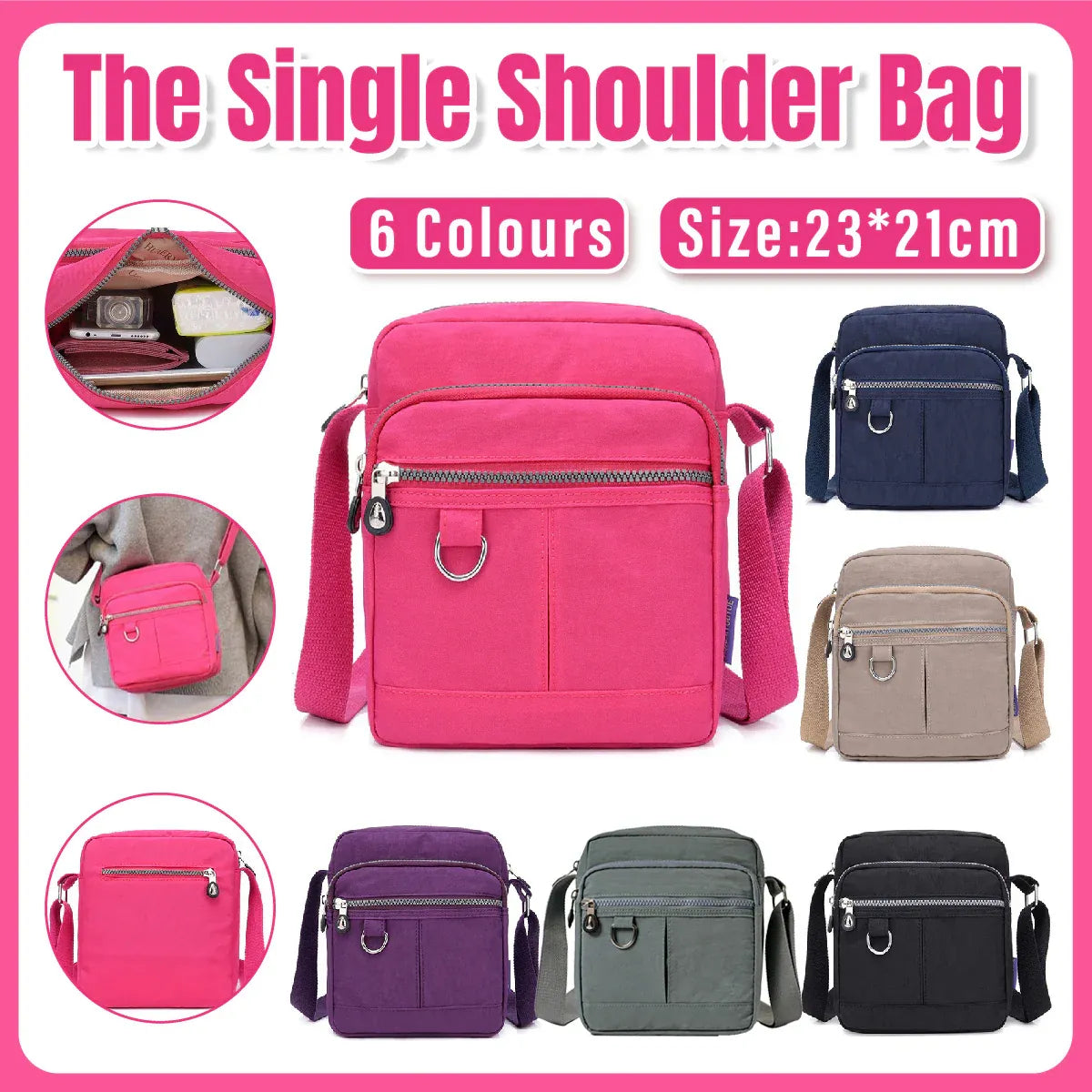 Ladies Shoulder Bag Nylon Fabric Lightweight Crossbody Small Casual Handbag - Black