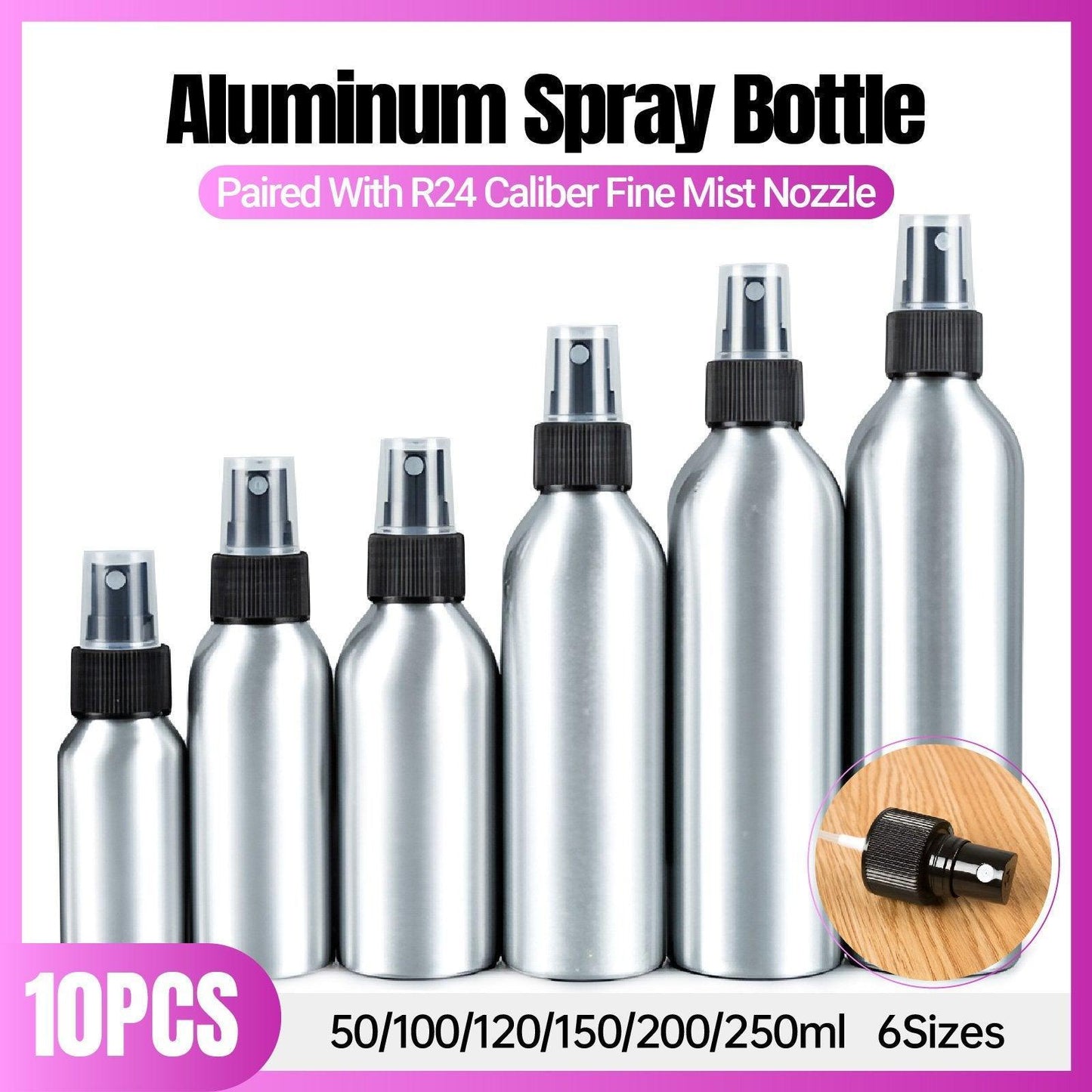 10pcs Travel Size Refillable Aluminum Spray Bottles Toner Cleaning Solution Mist - 10pcs-100ml