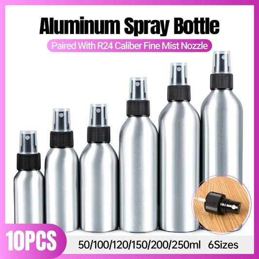 10pcs Travel Size Refillable Aluminum Spray Bottles Toner Cleaning Solution Mist - 10pcs-250ml