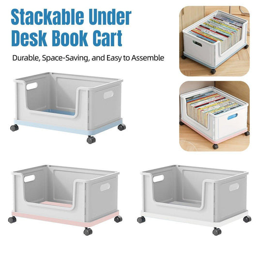 Under Desk Book Storage Box with Wheels Movable Classroom Student Organiser Rack - Blue