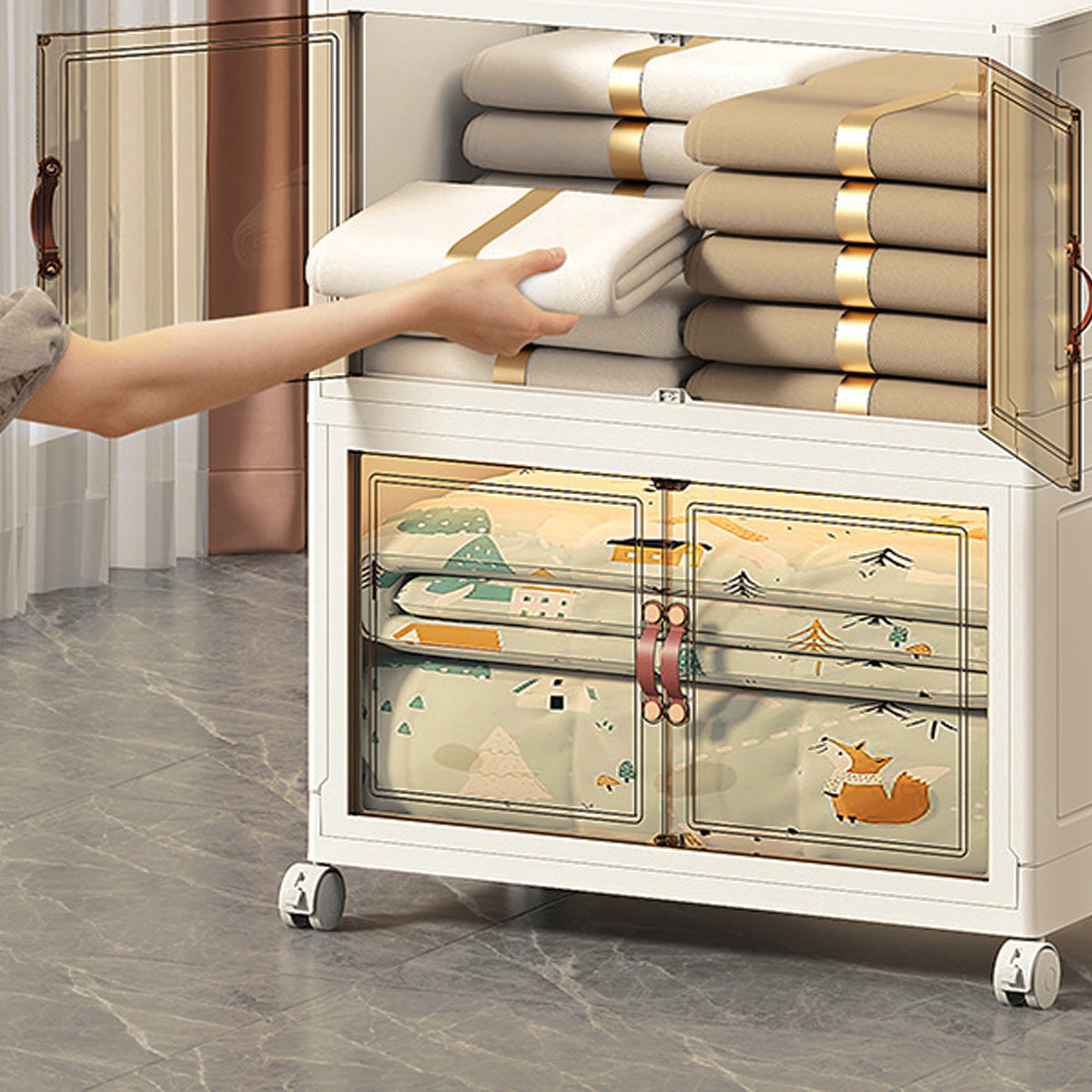3 Tier Folding Storage Cabinet Shelf with Doors and Wheels for Home Office Dorm
