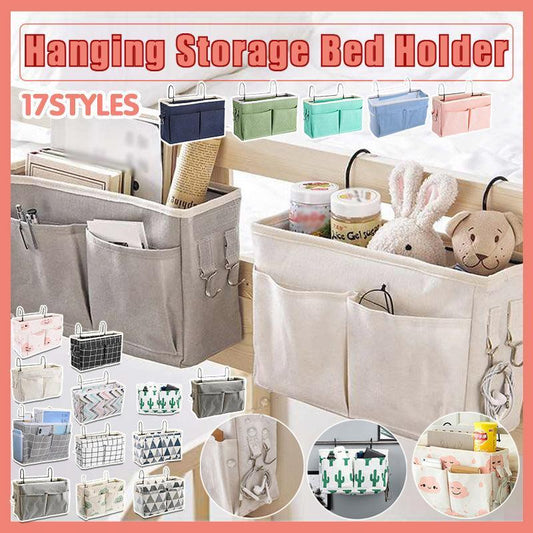 Hanging Bedside Storage Caddy with Pockets for Bunk Bed Dorm Couch Organizing - Grey Grid