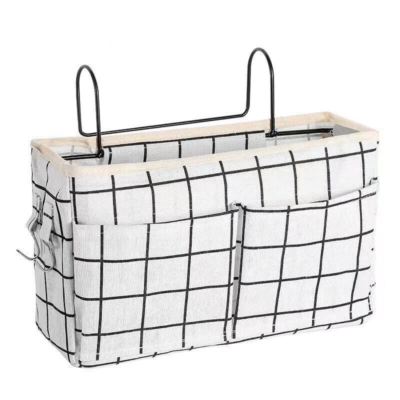 Hanging Bedside Storage Caddy with Pockets for Bunk Bed Dorm Couch Organizing - Grey Grid