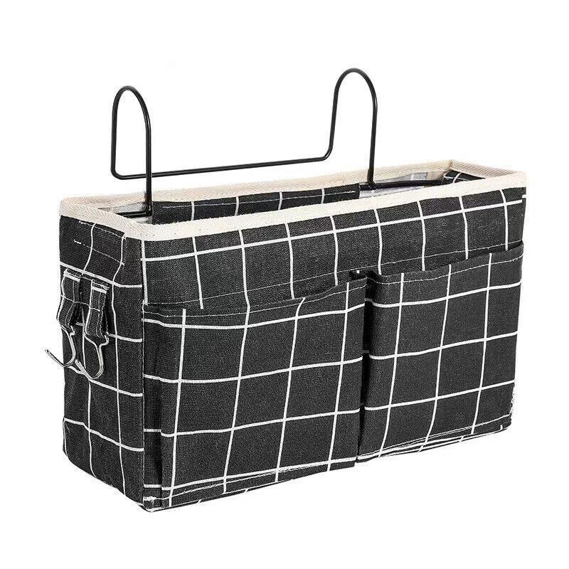 Hanging Bedside Storage Caddy with Pockets for Bunk Bed Dorm Couch Organizing - White Grid