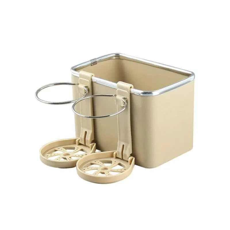 Multifunctional Car Armrest Storage Box with Tissue Holder and Dual Cup Rack - Beige