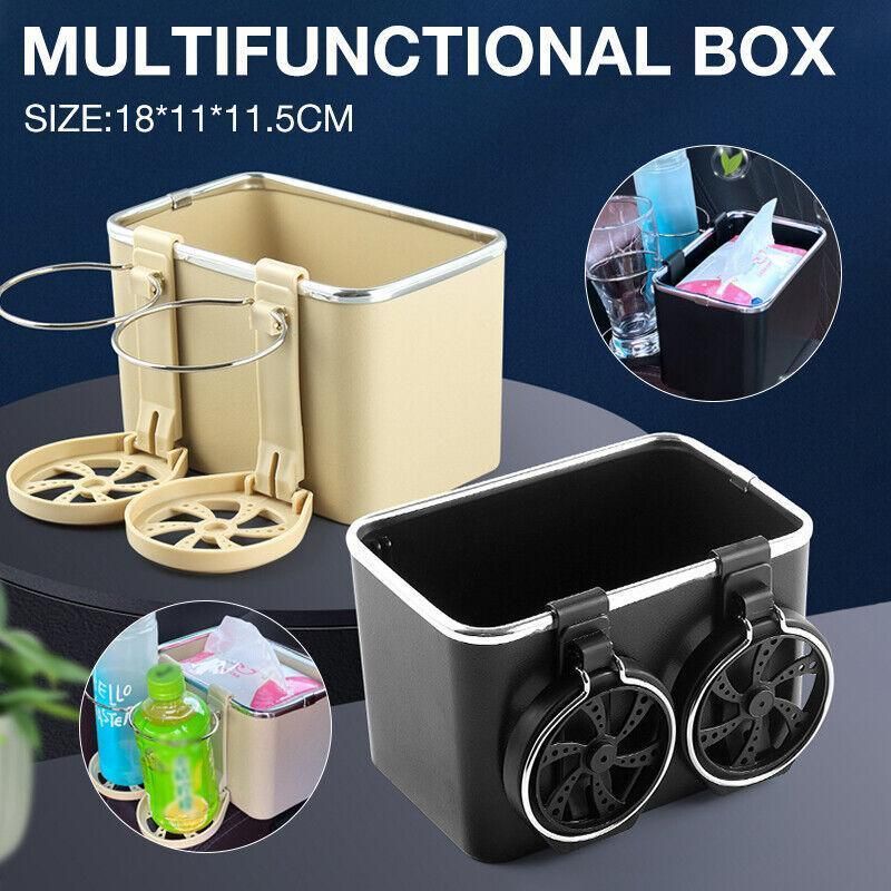 Multifunctional Car Armrest Storage Box with Tissue Holder and Dual Cup Rack - Beige