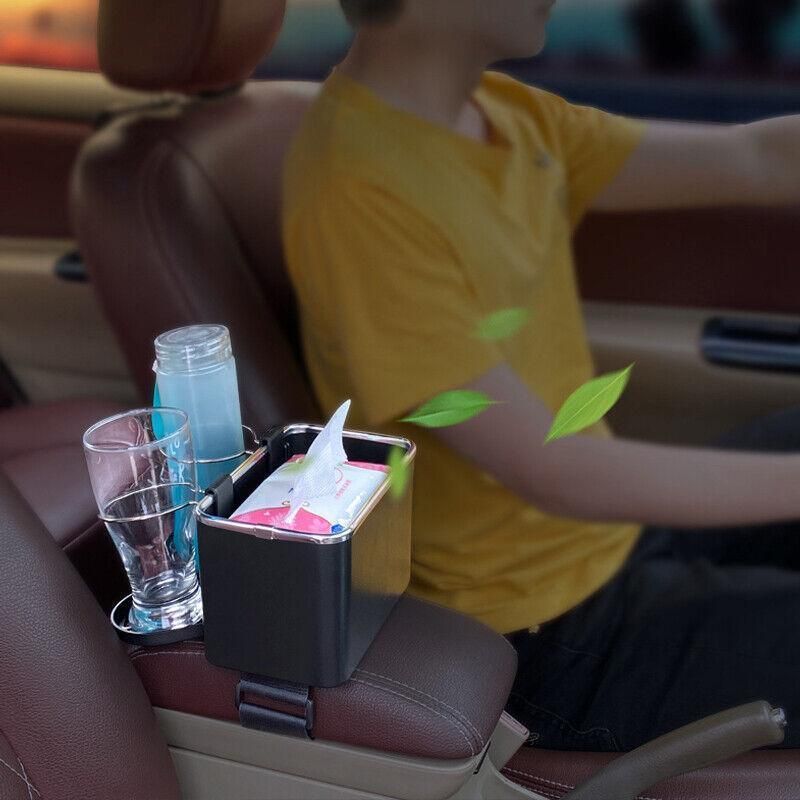 Multifunctional Car Armrest Storage Box with Tissue Holder and Dual Cup Rack - Beige