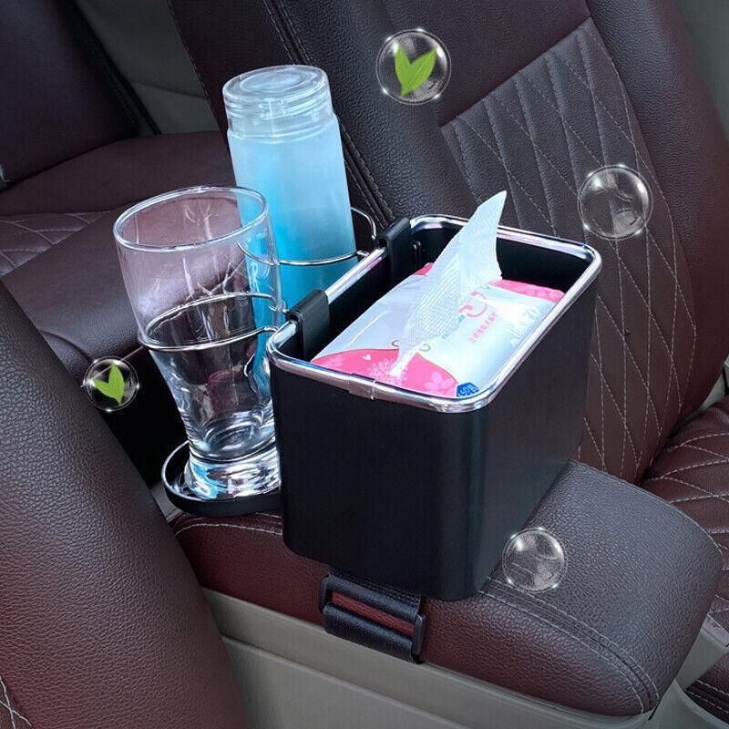 Multifunctional Car Armrest Storage Box with Tissue Holder and Dual Cup Rack - Beige