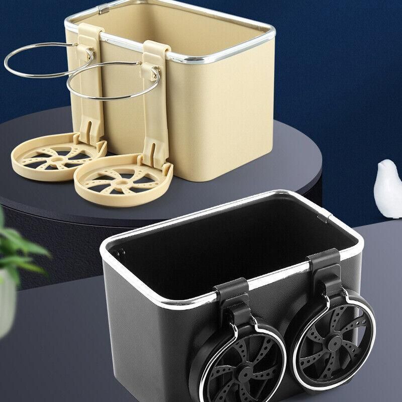 Multifunctional Car Armrest Storage Box with Tissue Holder and Dual Cup Rack - Beige