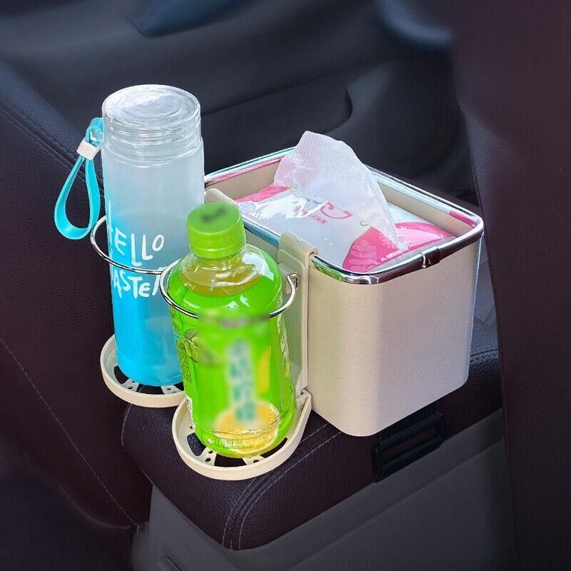 Multifunctional Car Armrest Storage Box with Tissue Holder and Dual Cup Rack - Beige