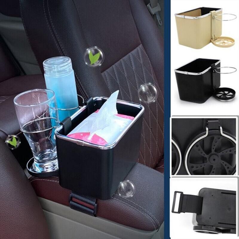 Multifunctional Car Armrest Storage Box with Tissue Holder and Dual Cup Rack - Beige