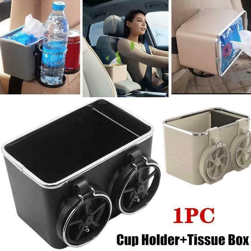 Multifunctional Car Armrest Storage Box with Tissue Holder and Dual Cup Rack - Beige