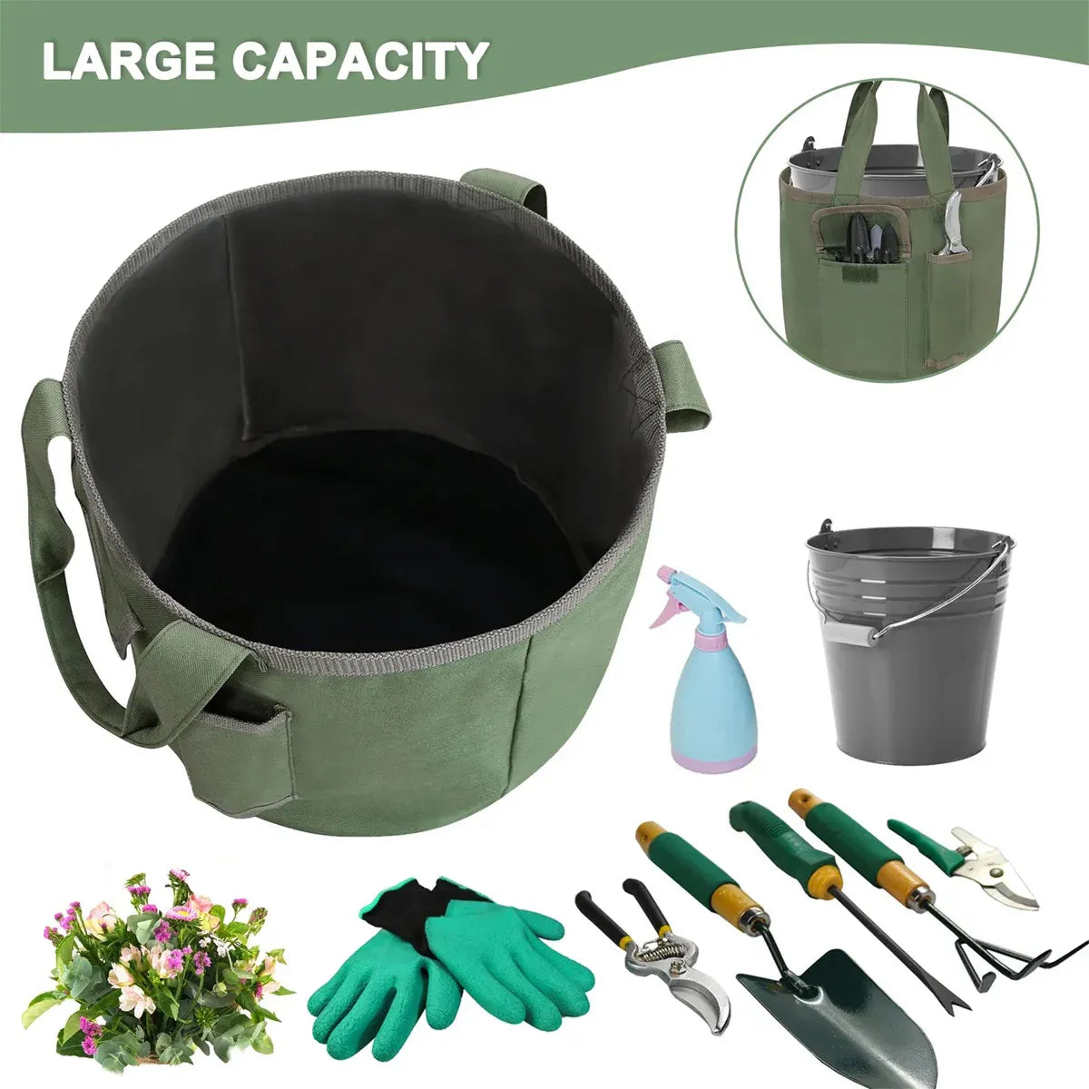 Waterproof Green Canvas Tool Storage Bag Portable Garden Bucket Organizer Use